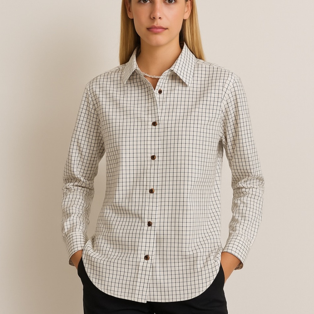 Lafayette 148 New York White Button Up Long Sleeve Dress Shirt Large Grid Print - Picture 12 of 13